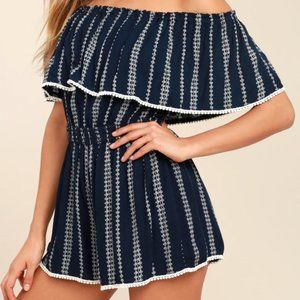 Lulu's Navy Blue Print Off-the-Shoulder Romper | S
